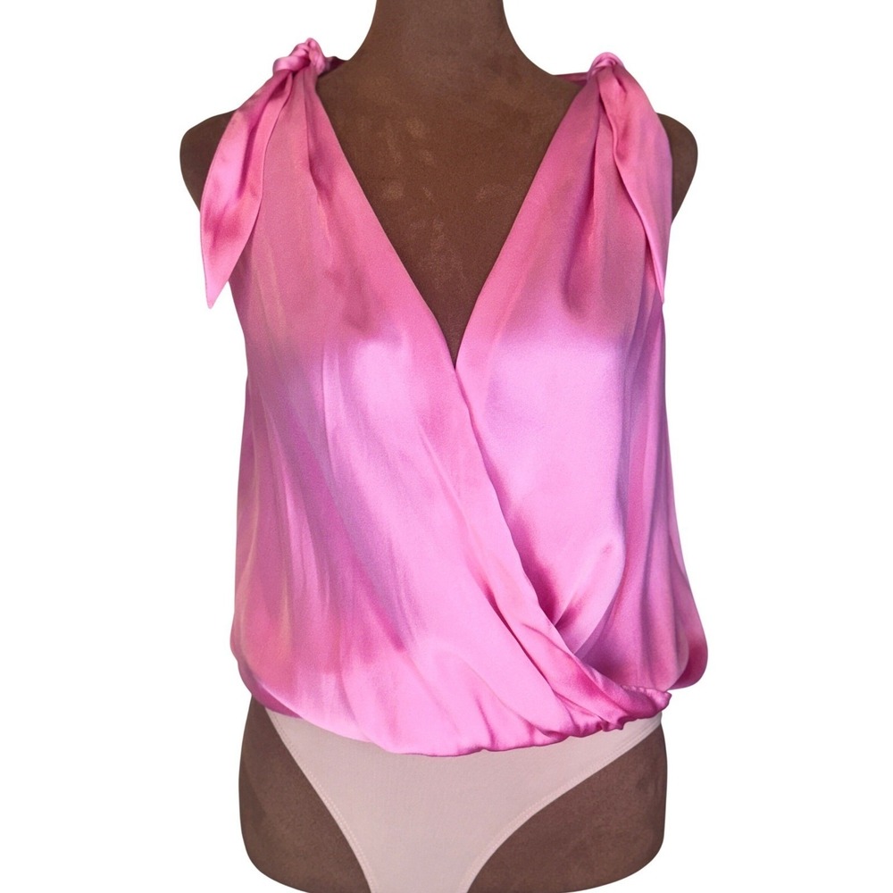 Silk Bodysuit by Amanda Uprichard Women's‎ XS Pink Surplice Tie Shoulder NWT Top